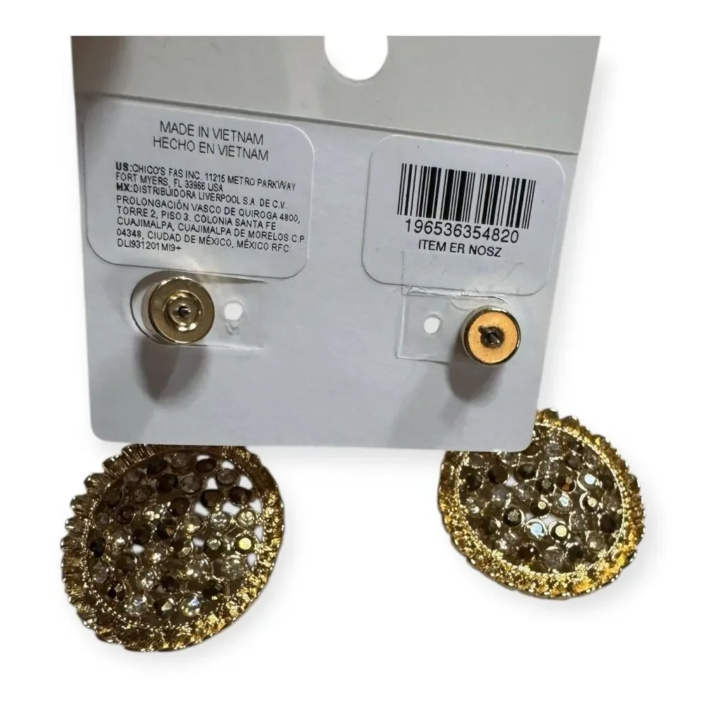 Chico's Statement Drop Earrings Shiny Sparkling Gold Tone Crystal Embellishments